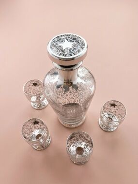 MCM Saint Graal Of France- Vintage Silver Overlay Glass Decanter Set